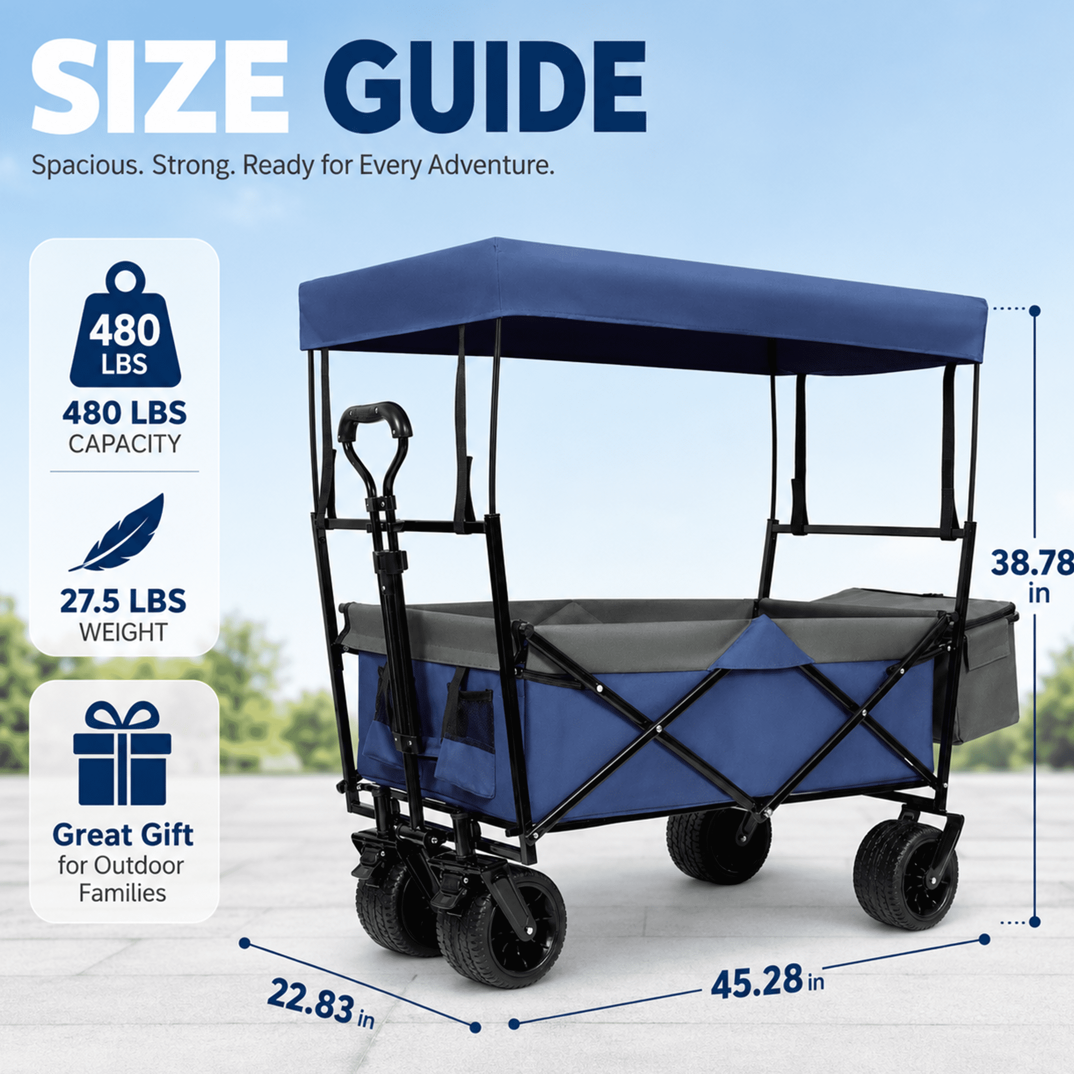480 lbs Collapsible Wagon with Canopy & Mosquito Net, Heavy Duty Folding Wagon Stroller with 7"x4" All-Terrain Wheels, Cup Holders for Camping, Shopping, Dark Blue