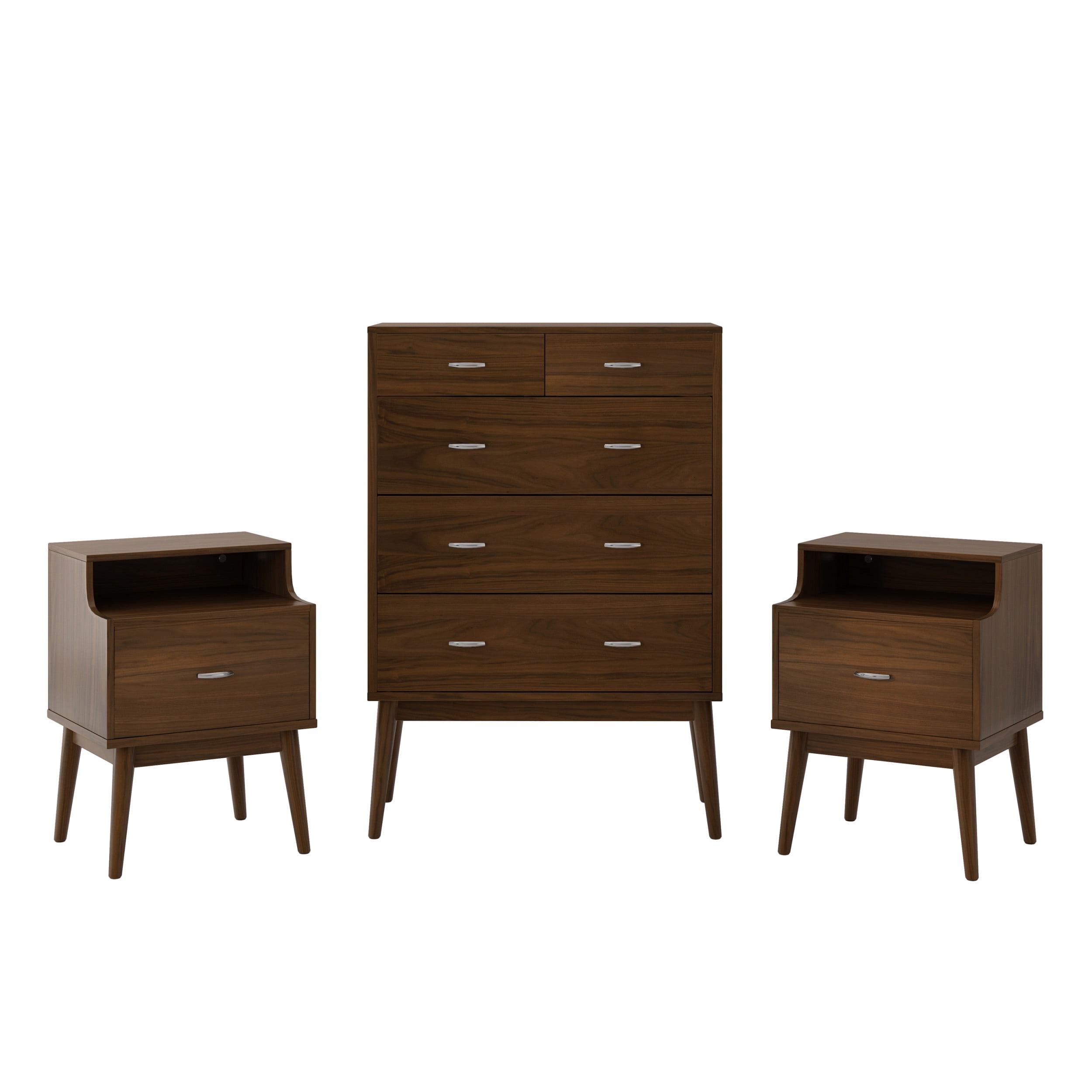 Noble House Starla Wooden 3 Piece 5 Drawer Dresser and Nightstand Bedroom Set, Columbia Walnut