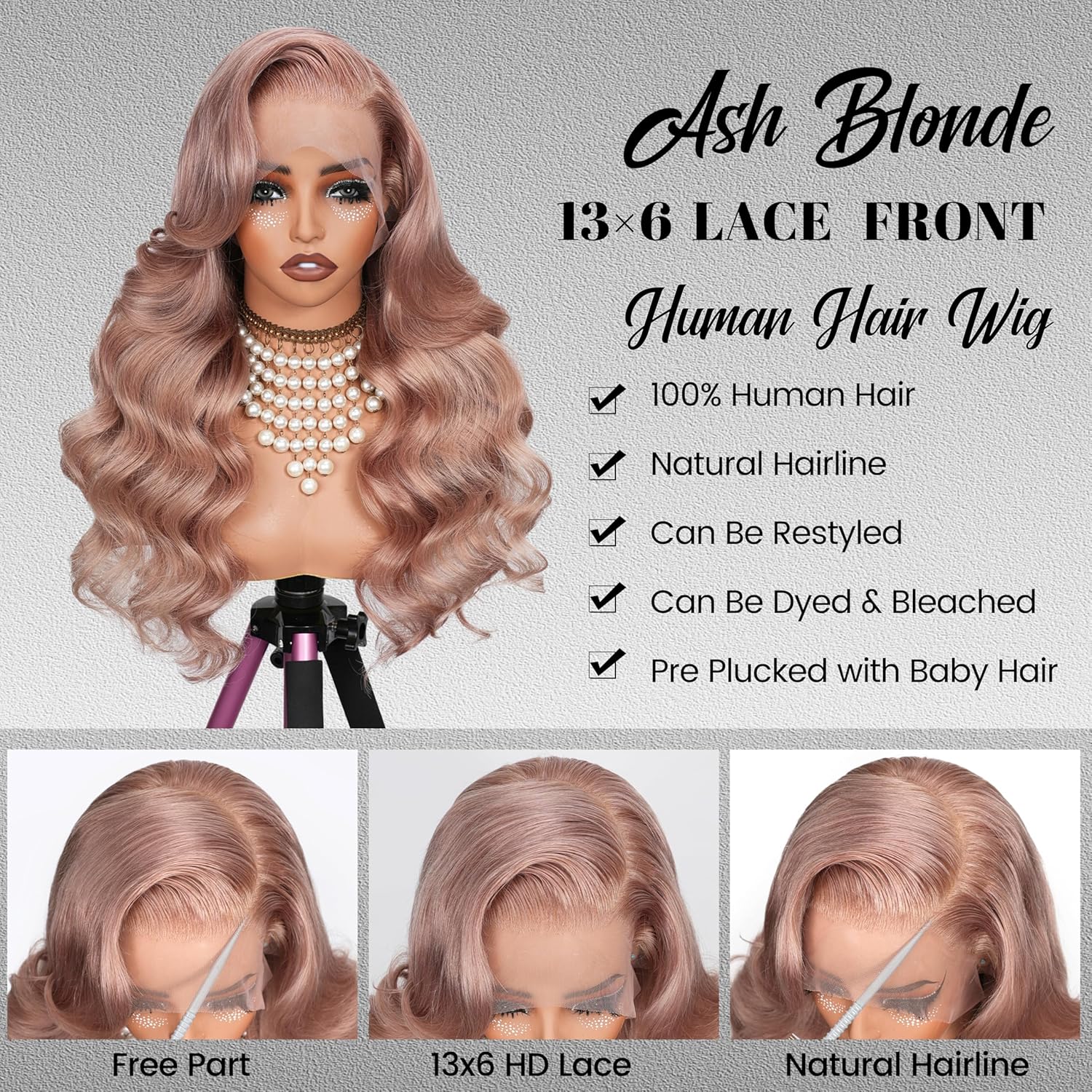 13*6 Inch HD Lace Closure 100% Human Hair Wig Body Wave Lace Front Wig 28" Ash Blonde Hair Heat Resistant Bleachable