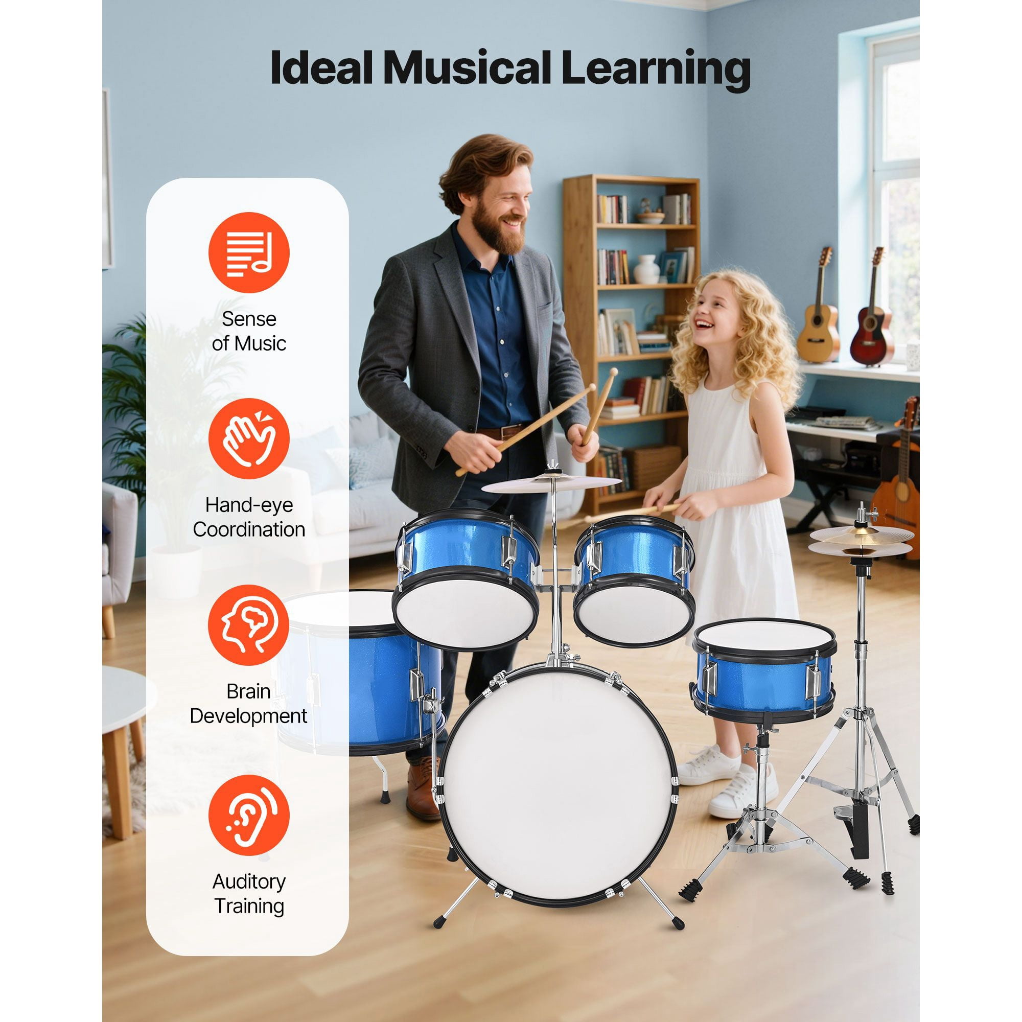 Kids Drum Set, 5-Piece 16 in Junior Drum Sets, Beginner Drums Set with Adjustable Throne, Cymbal & Two Pairs of Drumsticks, Musical Learning Drums Instruments Kit, for Children Ages 6-13 (Blue)