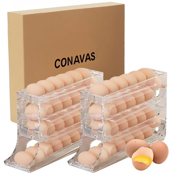 CONAVAS 2 PCS Egg Dispenser Automatic Rolling Egg Tray Organizer, Space Saving Refrigerator Egg Roller,Works in The Refrigerator, Kitchen, Cabinets, and Dining Table - Transparent