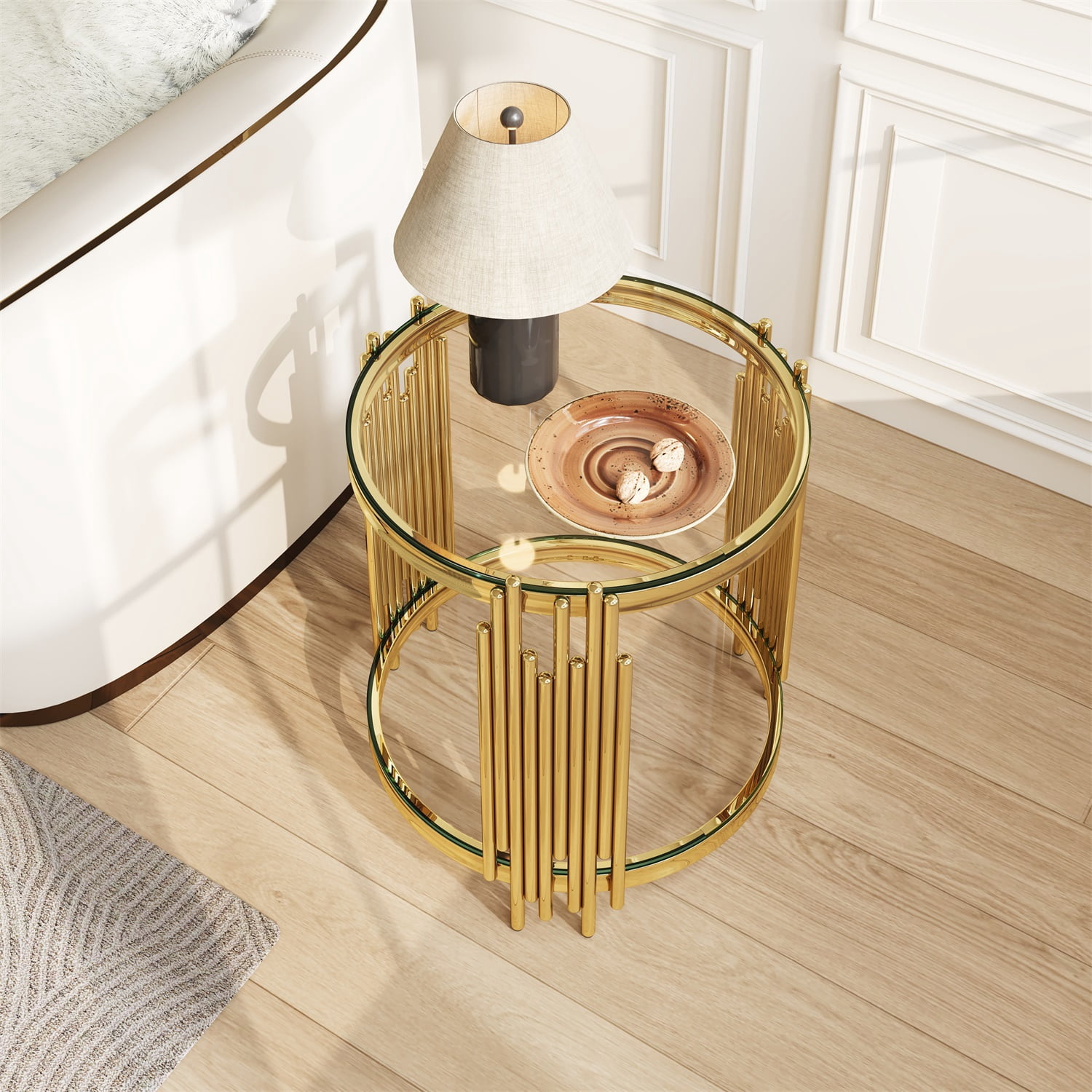 Hommoo 19.7 Inch Round Clear Glass End Table, 2-Tier Modern Luxury Side Table with Stainless Steel Organ-Pipe Base, Tempered Glass Top for Living Room, Bedroom & Home Office, Gold