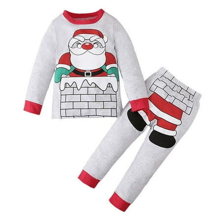 

Toddler Baby Boys and Girls Christmas Long Sleeve Sleepwear Outfits Cute Cartoon Christmas Print Round Neck T-shirt Trousers Pajamas Children s Casual Loose Home Wear