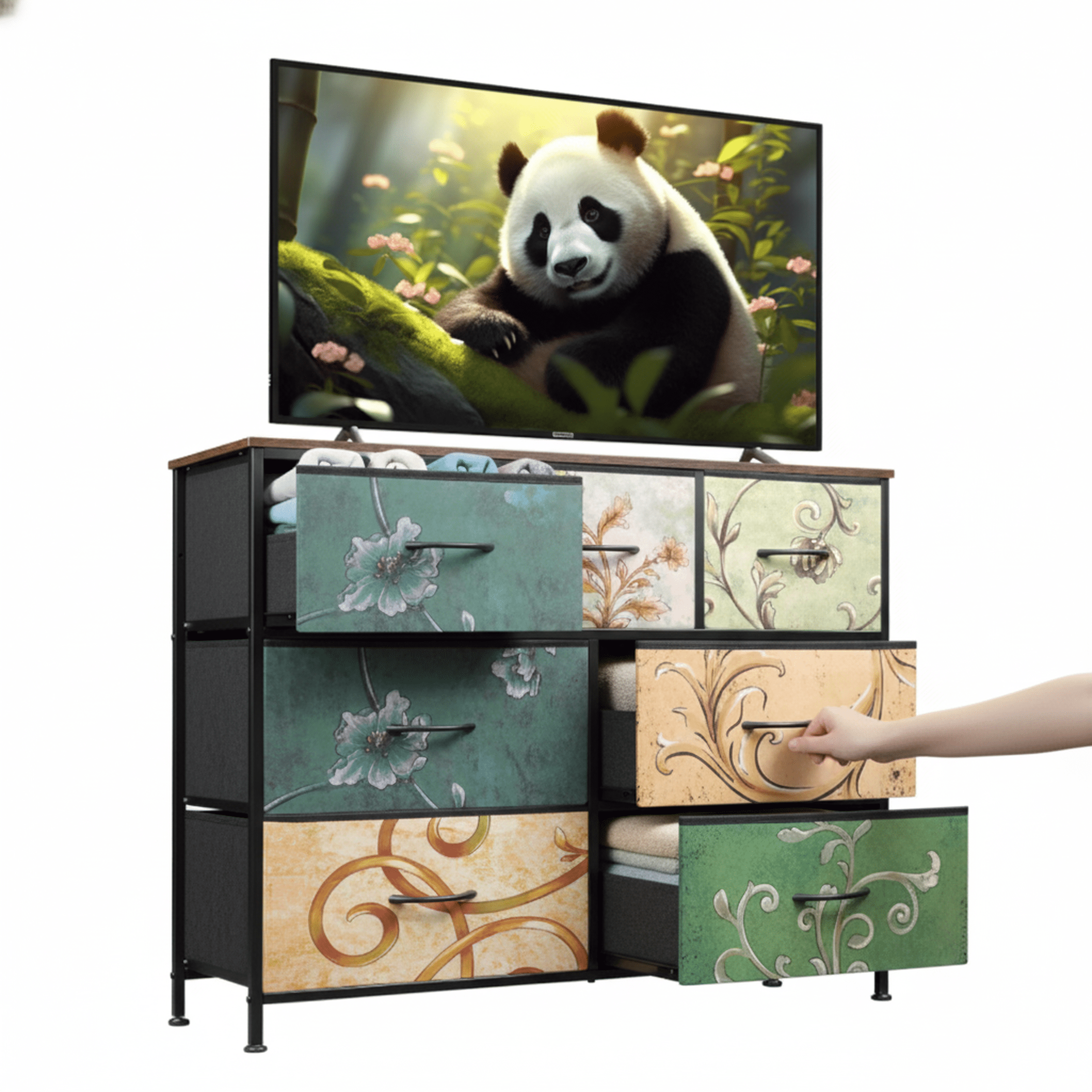 edx Fabric Dresser with 7 Drawers, Retro Flower Design, Chest of Drawers with Sturdy Steel Frame, Wood Top for Bedroom, Living Room, Hallway