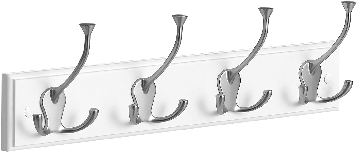 SONGMICS WallMounted Coat Rack, Hook Rack with 4 TriHooks, White