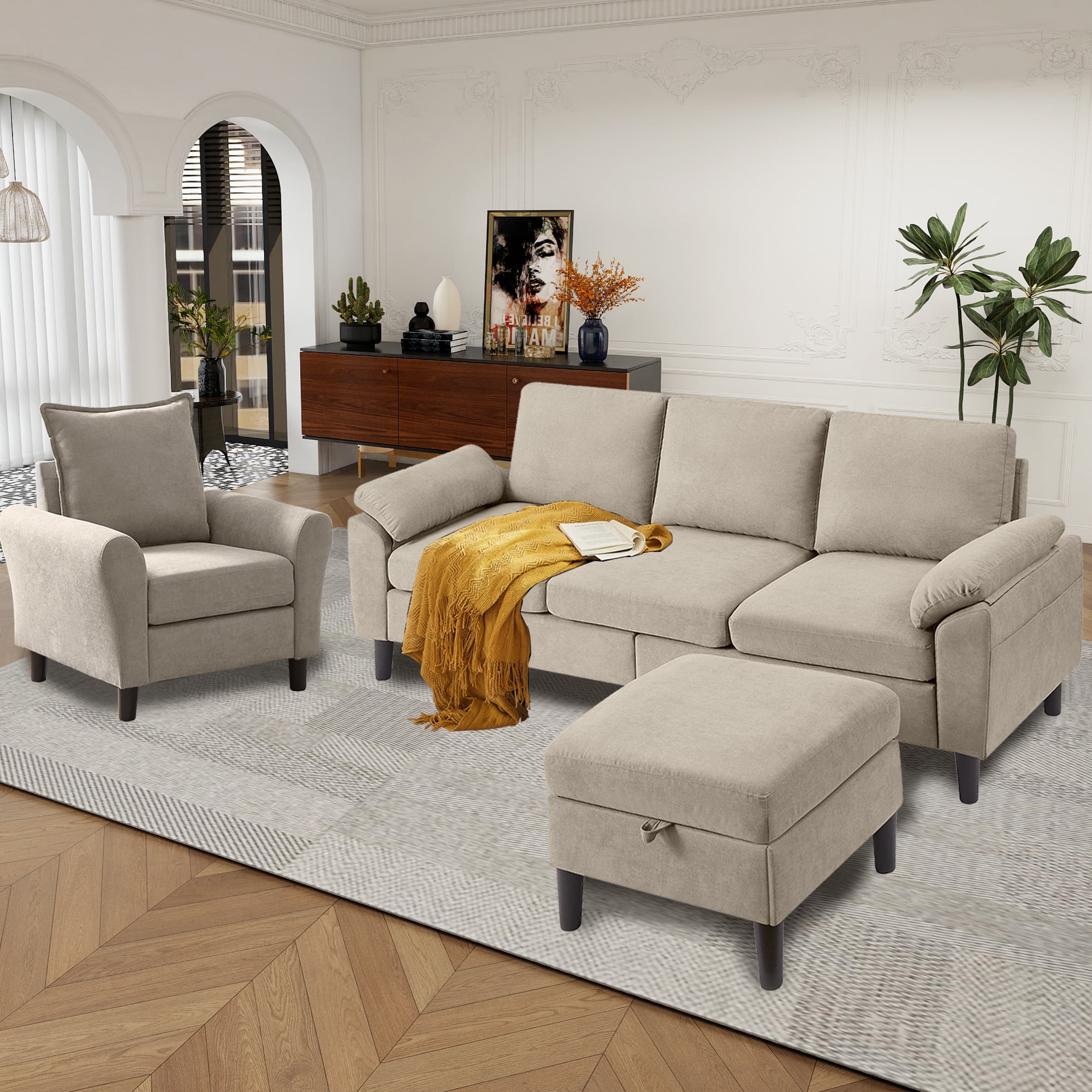 79" Convertible Sectional Sofa Set, Small L Shaped 3-Seat Couch with Reversible Chaise and Accent Chair, Modern Linen Sofas Couches for Living Room, Beige