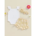 thumbnail image 5 of FEORJGP Infant Baby Girl 3 Piece Summer Set 0 3M 6M 12M 18M Toddler Fly Sleeve Rompers Flower Print Ruffled Jumpsuits Elastic Waist Shorts Headband Kids Cute Casual Sweet Outfits for Daily Vacation, 5 of 7