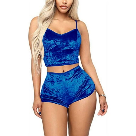 

Womens Sexy Velvet 2PCS Pajama Set Spaghetti Strap Crop Top Camisole High Waist Shorts Sleepwear Lingerie Set