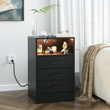 Homfa 20 Colors LED Light Nightstand with 3 Drawers, 2 USB Charging Ports Beside Table, Black Finish