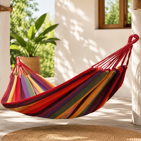Portable Canvas Hammock Hanging Swing Chair, Indoor Outdoor Single Hammock Bed, Heavy Duty Canvas Lounger for Patio, Porch, Backyard, Camping & Travel Use