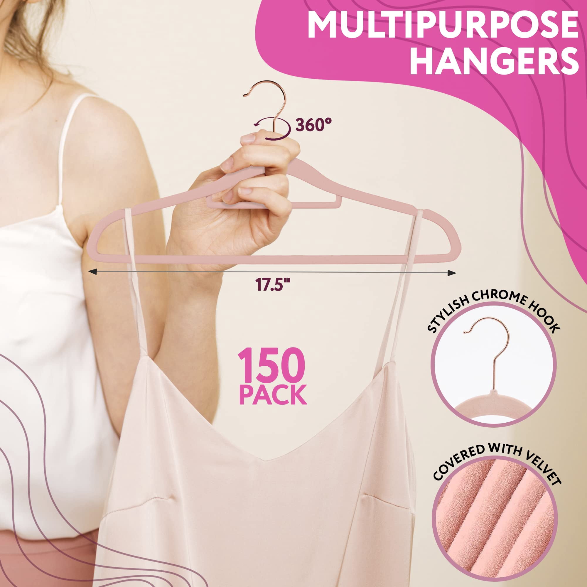 Rose Thin Velvet Hangers. Pack of 150 Non Slip Hangers with 360 Rotating Chrome Hook, Notched Shoulders