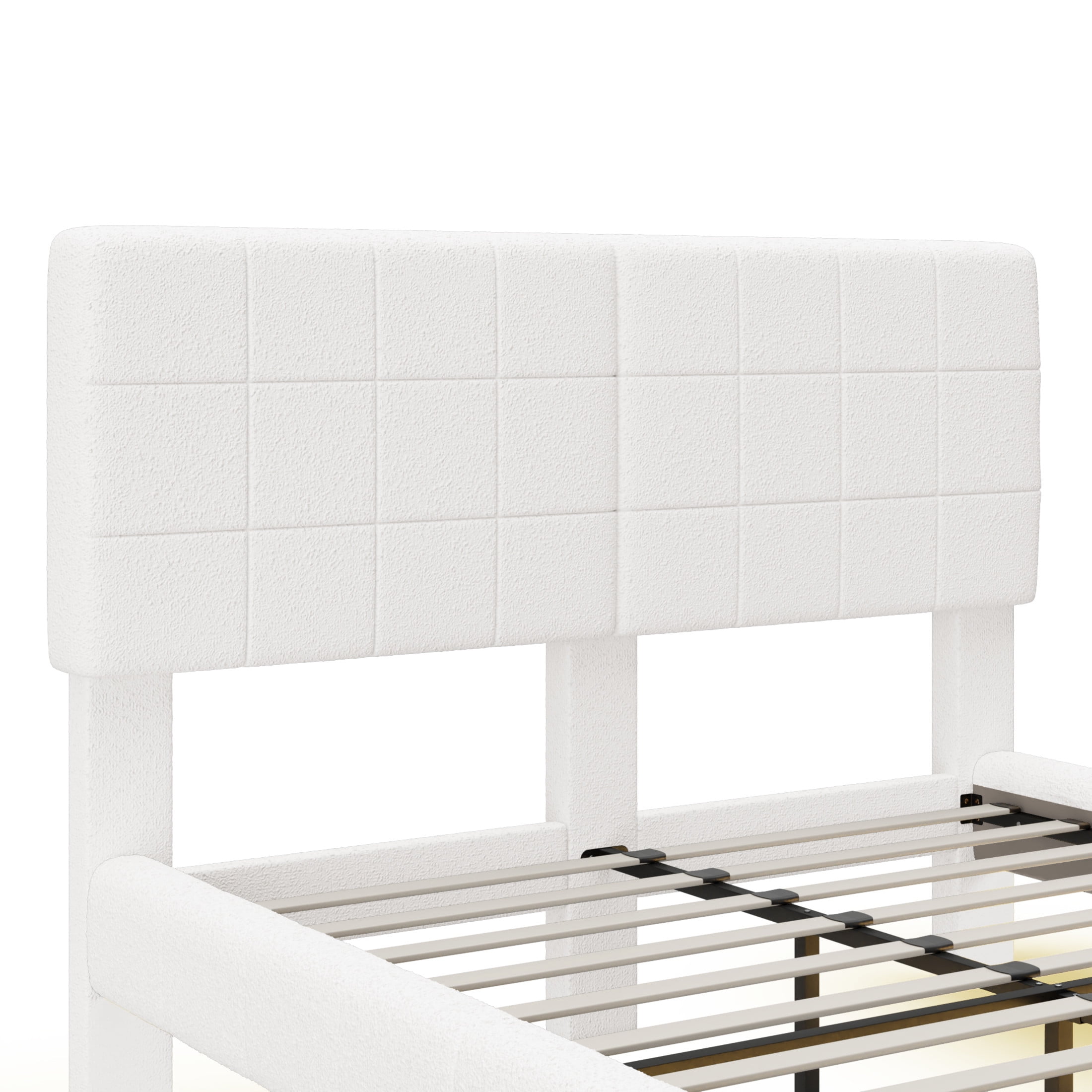 Christopher Knight Home Queen Size Wood Floating Bed Frame with LED Light & Headboard, White Boucle Upholstery