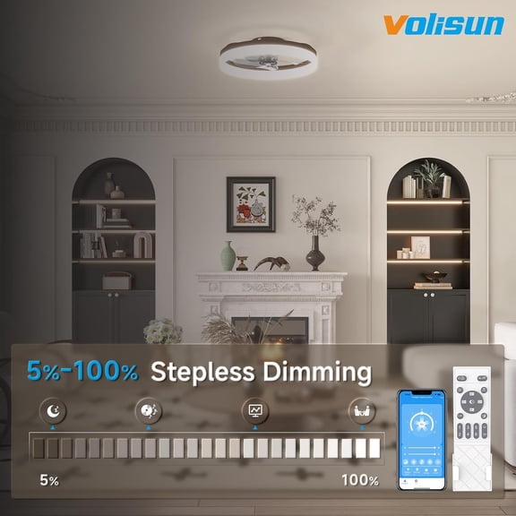 Low  Ceiling Fan with Light, 19.7in Bladeless LED Flush Mount Fan with Remote and App Control, Dimmable 3000K-6500K for Bedroom Living Room