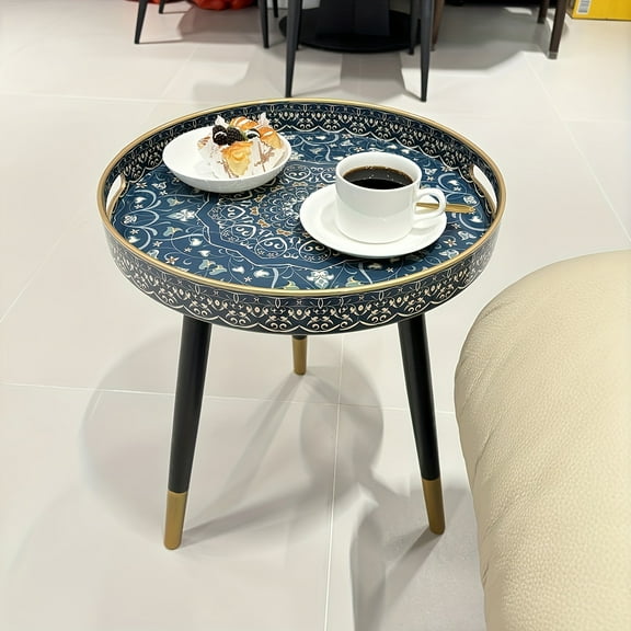 14" Round Marble Side Table with Removable Wooden Tripod Base - Bohemian Indoor/Outdoor Accent Table for Patio, Living Room, Garden & Coffee Gatherings - Portable Lightweight Side Table