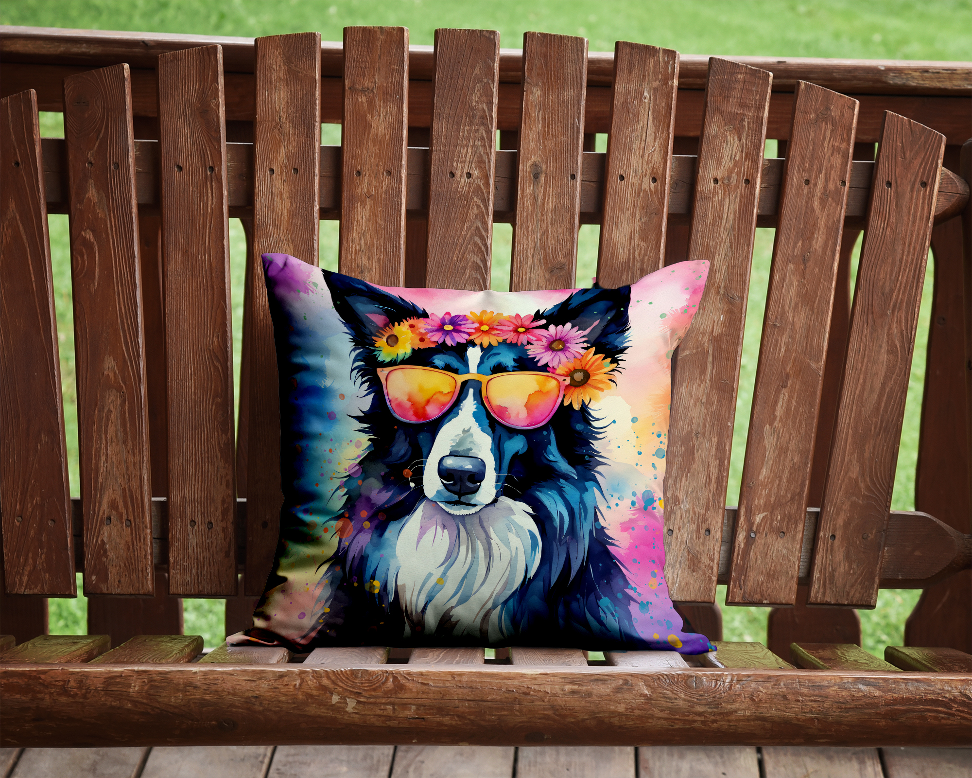 Border Collie Hippie Dawg Fabric Decorative Pillow 14 in x 14 in