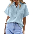 thumbnail image 3 of DYMADE Women Basic Pullover Plain Short Sleeve Lapel Blouse, 3 of 3