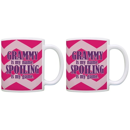 

ThisWear New Grandma Gifts Grammy my Name Spoiling is my Game 11 ounce 2 Pack Coffee Mugs Pink Chevron