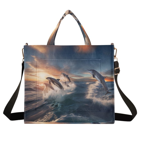 Dolphins Sky Waves Corduroy Tote Bag Handbag Large Messenger Bag Shoulder Crossbody Zipper Bag Purse