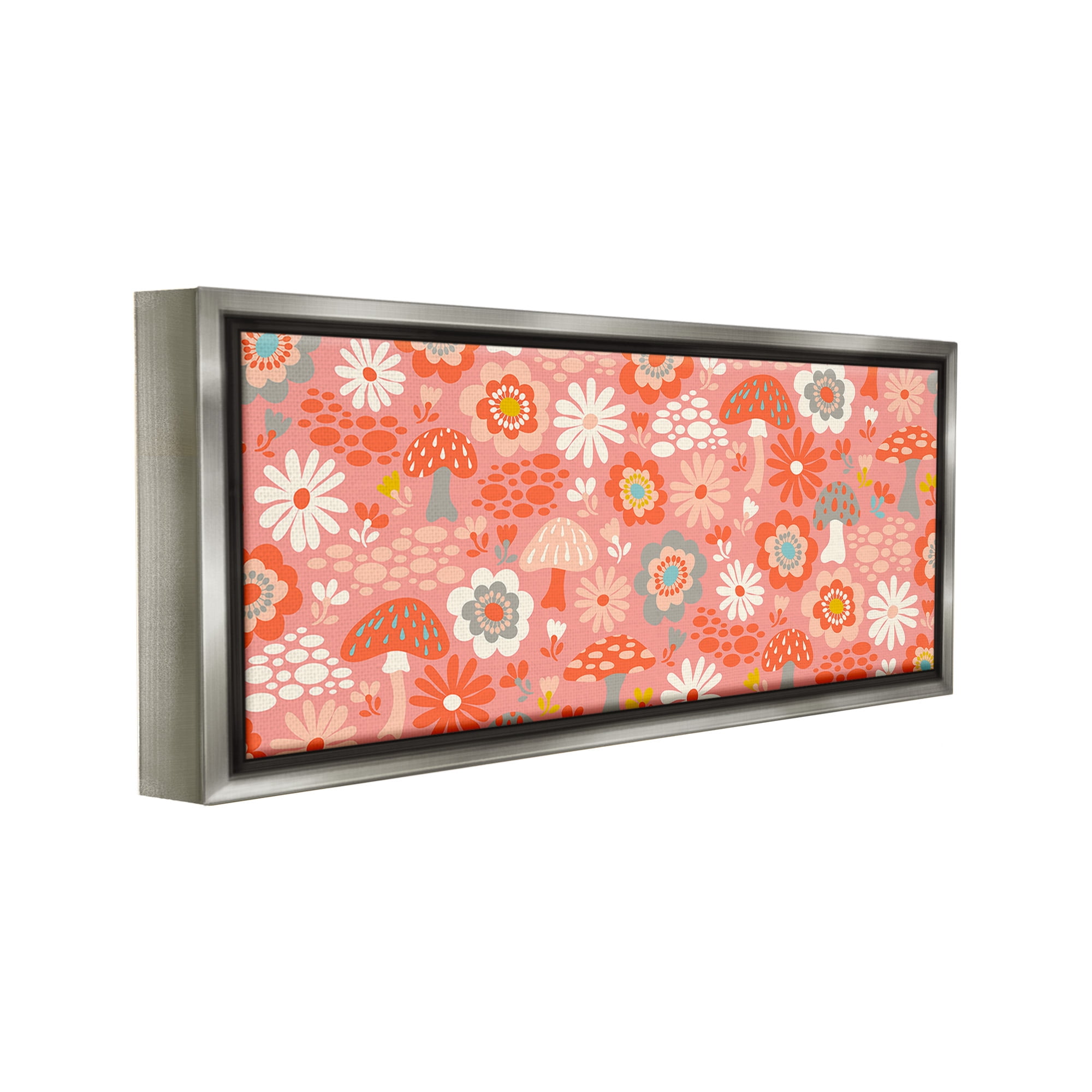 Stupell Industries Groovy Mushrooms & Florals Botanical & Floral Painting Gray Floater Framed Canvas Art Print Wall Art, 31 x 14