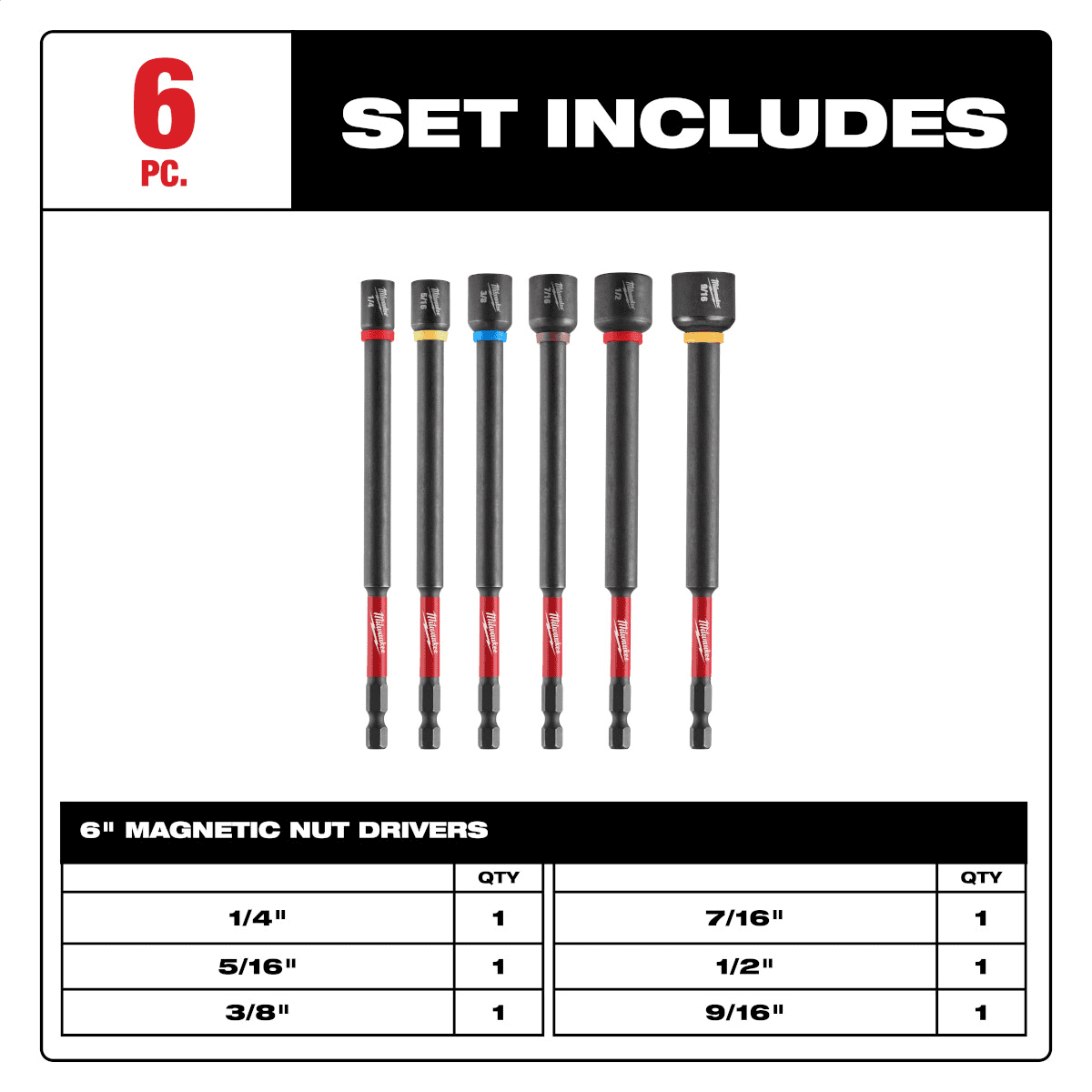 Milwaukee Tool 6 Piece SHOCKWAVE Impact Duty 6 Inch  Magnetic Nut Driver Set