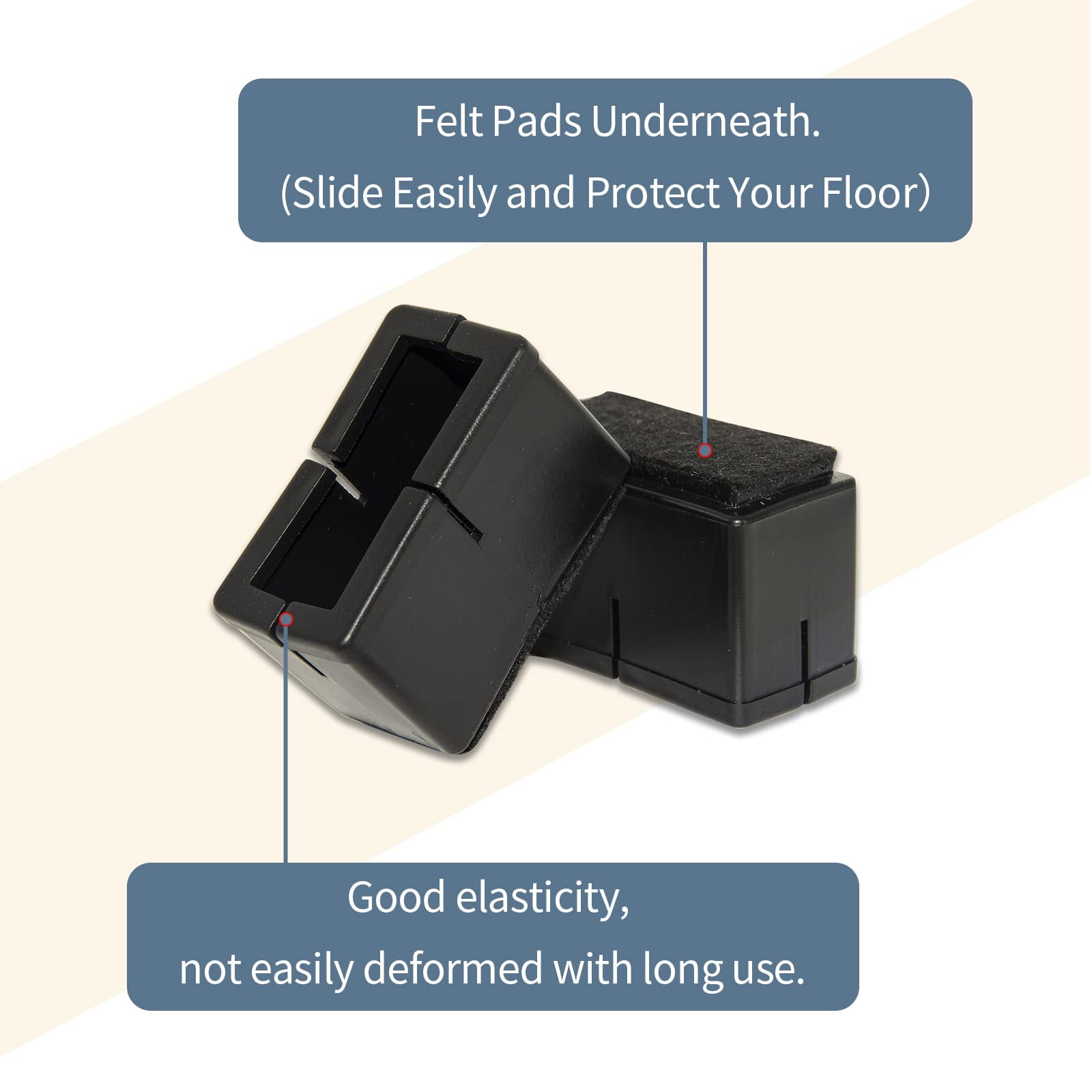 Flyshop Black Chair Leg Caps PVC Furniture Table Feet Covers with Felt Pads for Hardwood Floor Protector, Fit Rectangle Legs Length 39-48 mm, Width 24-30 mm, 8 PCS