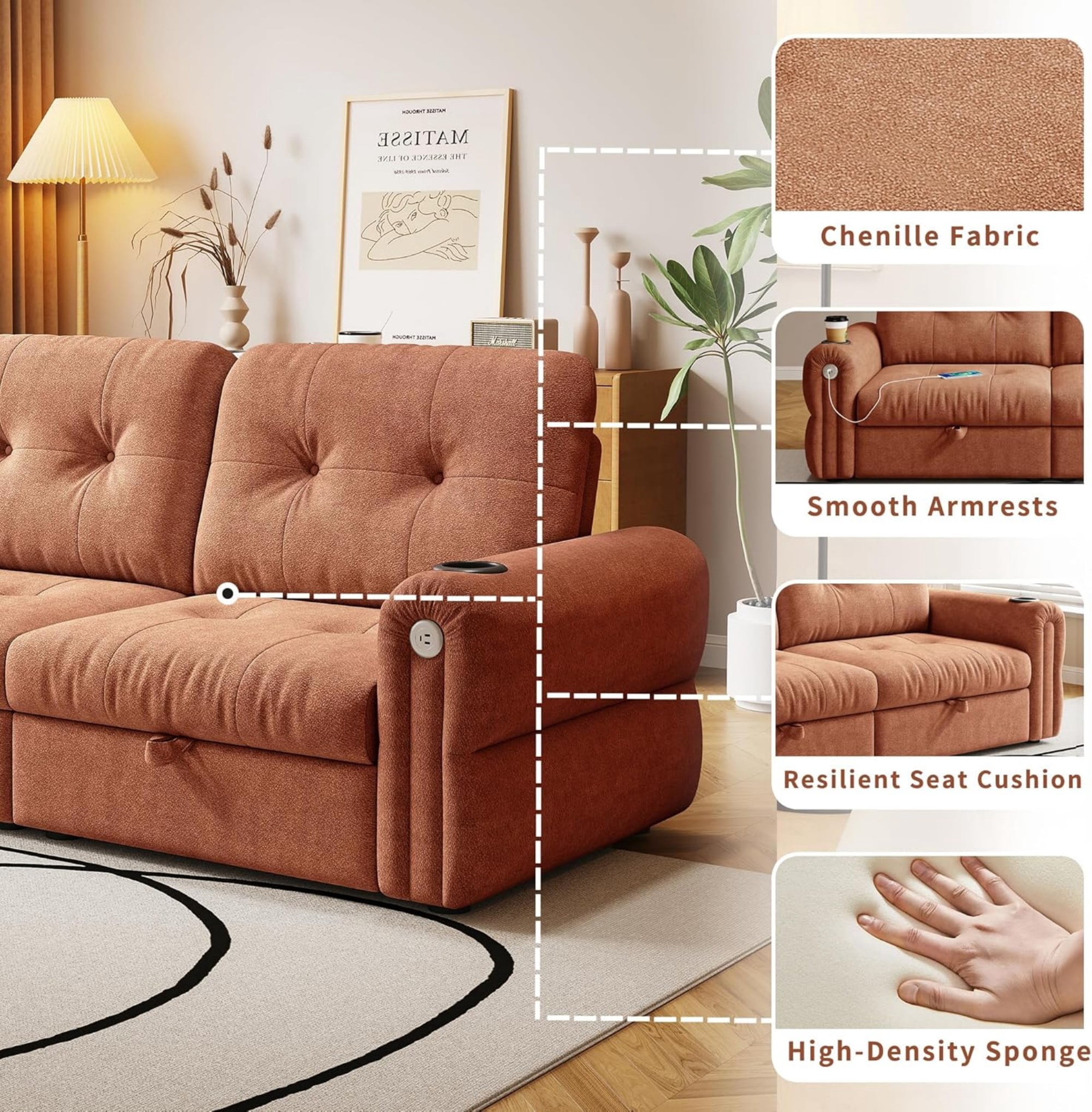 LLappuil 77" Pull Out Sofa Bed Queen Size, Loveseat Sofa Convertible Sofa Bed with USB Port Cupholders, Chenille Sofa Couch for Living Room Orange