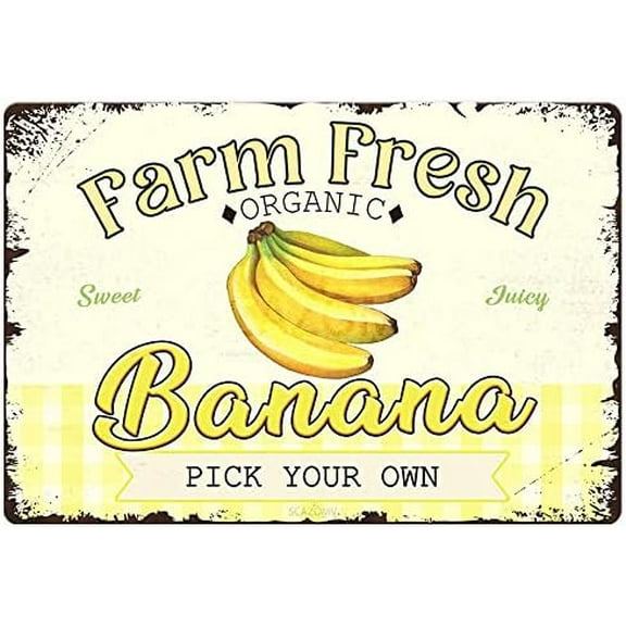Farm Fresh Sweet Juicy Banana Metal Tin Sign, Retro Fruit Poster Decorative Wall Art Signage, Farmhouse Country Market Kitchen Bar Home Decor, 12" X 8"