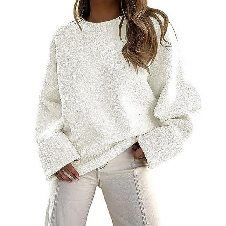 Dowegor Oversized Sweaters for Women Crewneck Long Sleeve Fuzzy Knit Warm Pullover Sweater Oversized Sweaters for Women Oversized Knit Sweater Dressy Sweaters for Women White S Clearance Walmart