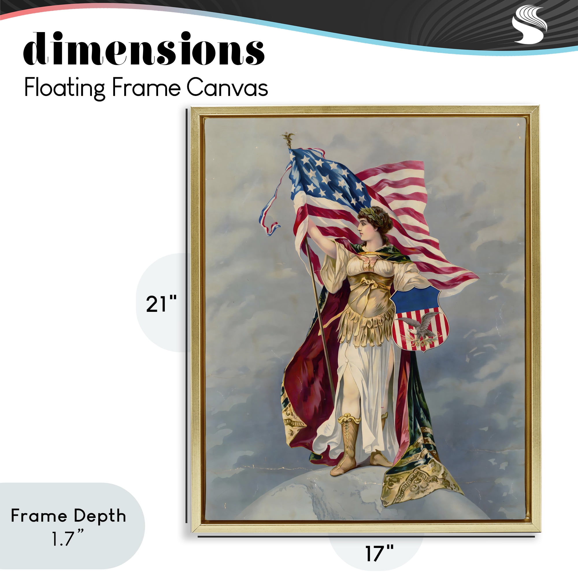 Stupell Industries Columbia Standing with American Flag Gold Framed Floater Canvas Wall Art, design by Arlington Prints