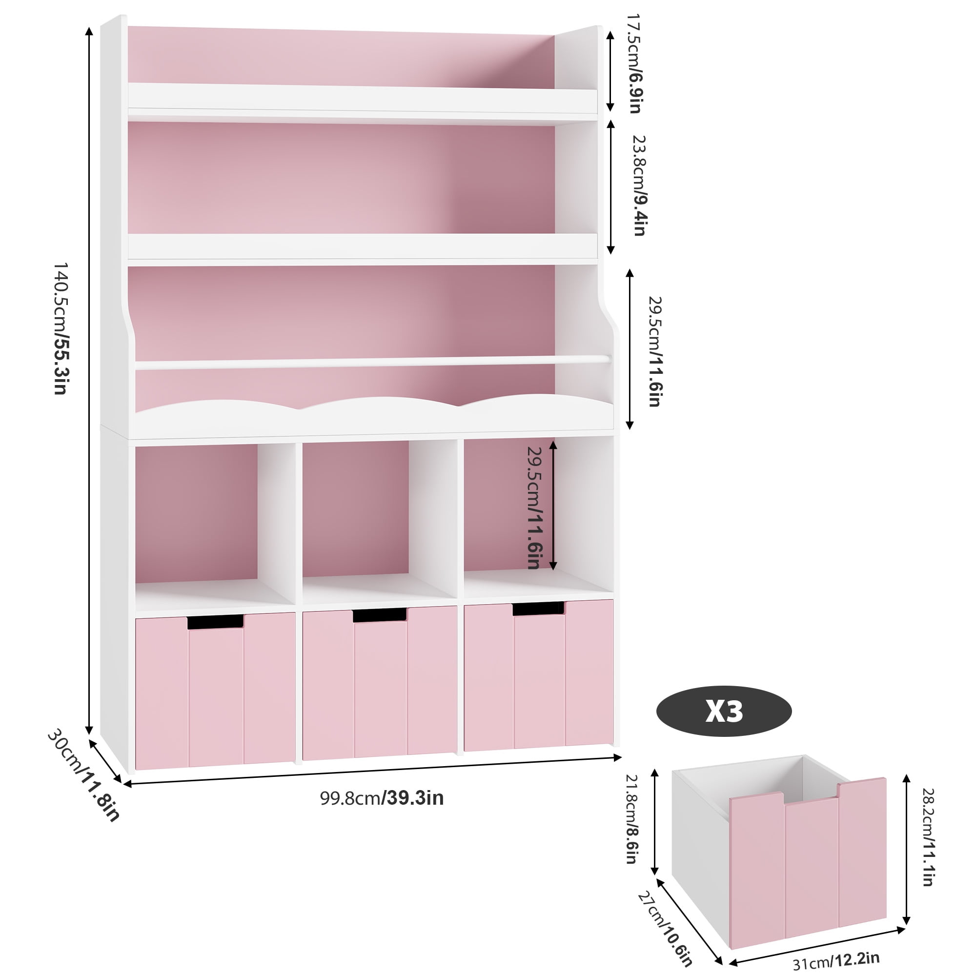 Homfa 55.5” H Kids Bookshelf with 2-Tier Book Shelves, Children Toy Organizer with 3 Cubes and Removable Drawers, Pink & White