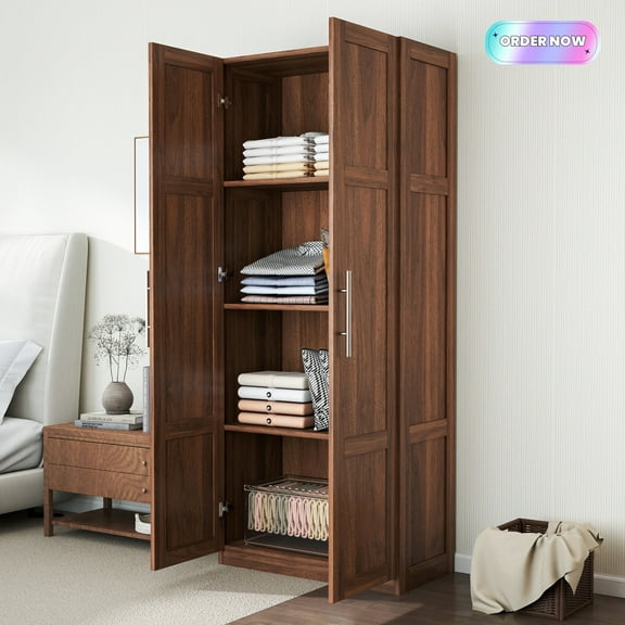 Tcbosik 70.8"H Wardrobe with 2 Doors, Storage Closet with Shelves, Freestanding Armoire for Bedroom, Walnut