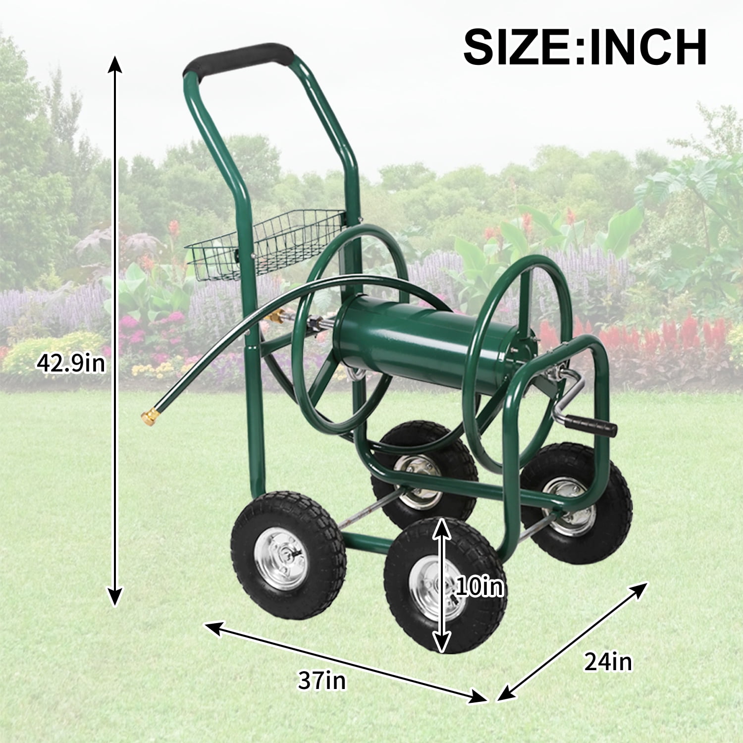 Garden Hose Reel Cart with Wheels Heavy Duty Hose Reels Cart Water Hose Cart Holds 300-Feet of 5/8"" Hose for Yard Water Planting Outdoor Garden Lawn Water Truck w/Storage Basket, Green