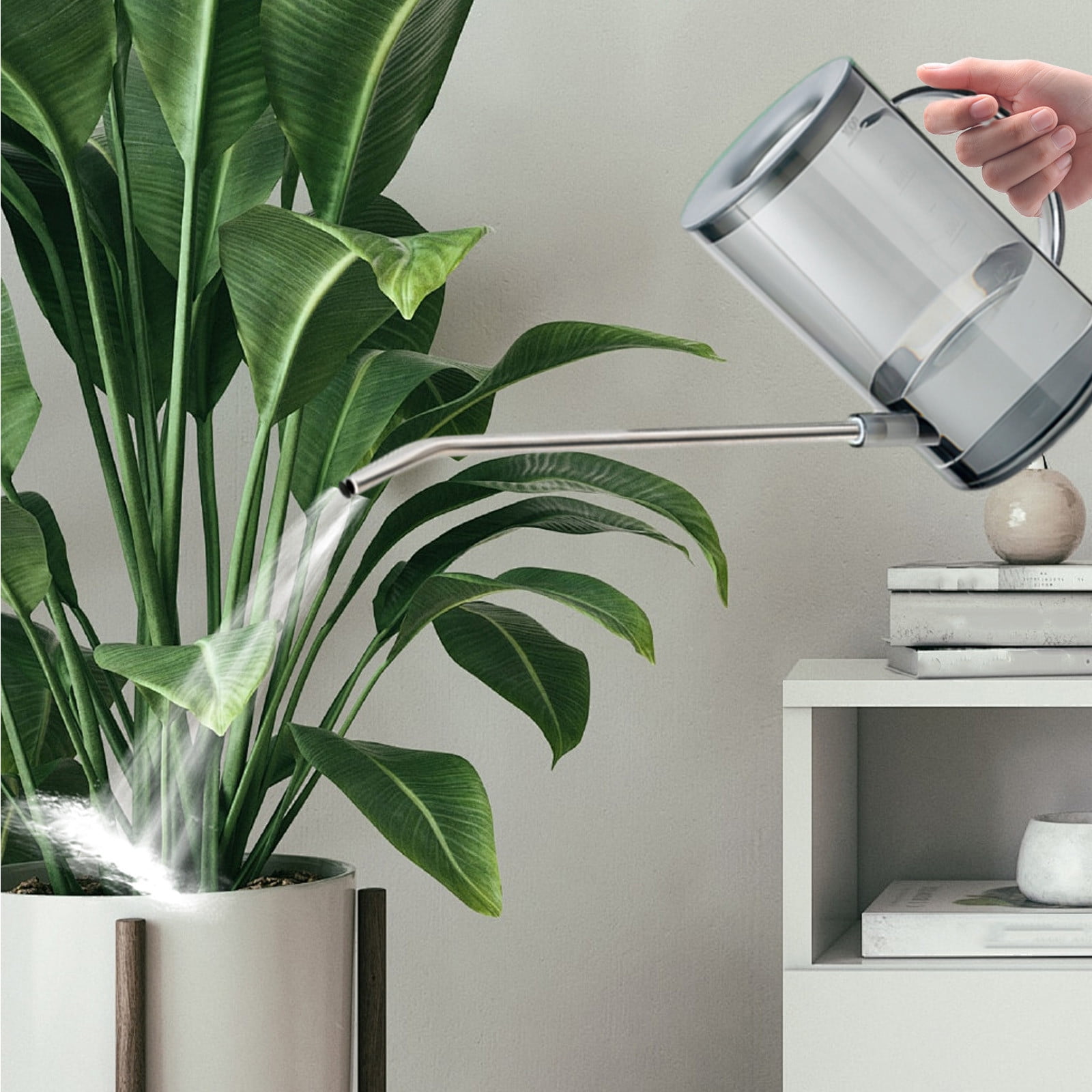 JoyHoop Durable Long Spout Watering Can, 1000ml Transparent Plastic with Ergonomic Handle for Indoor Plants, Gray, 1-Pack