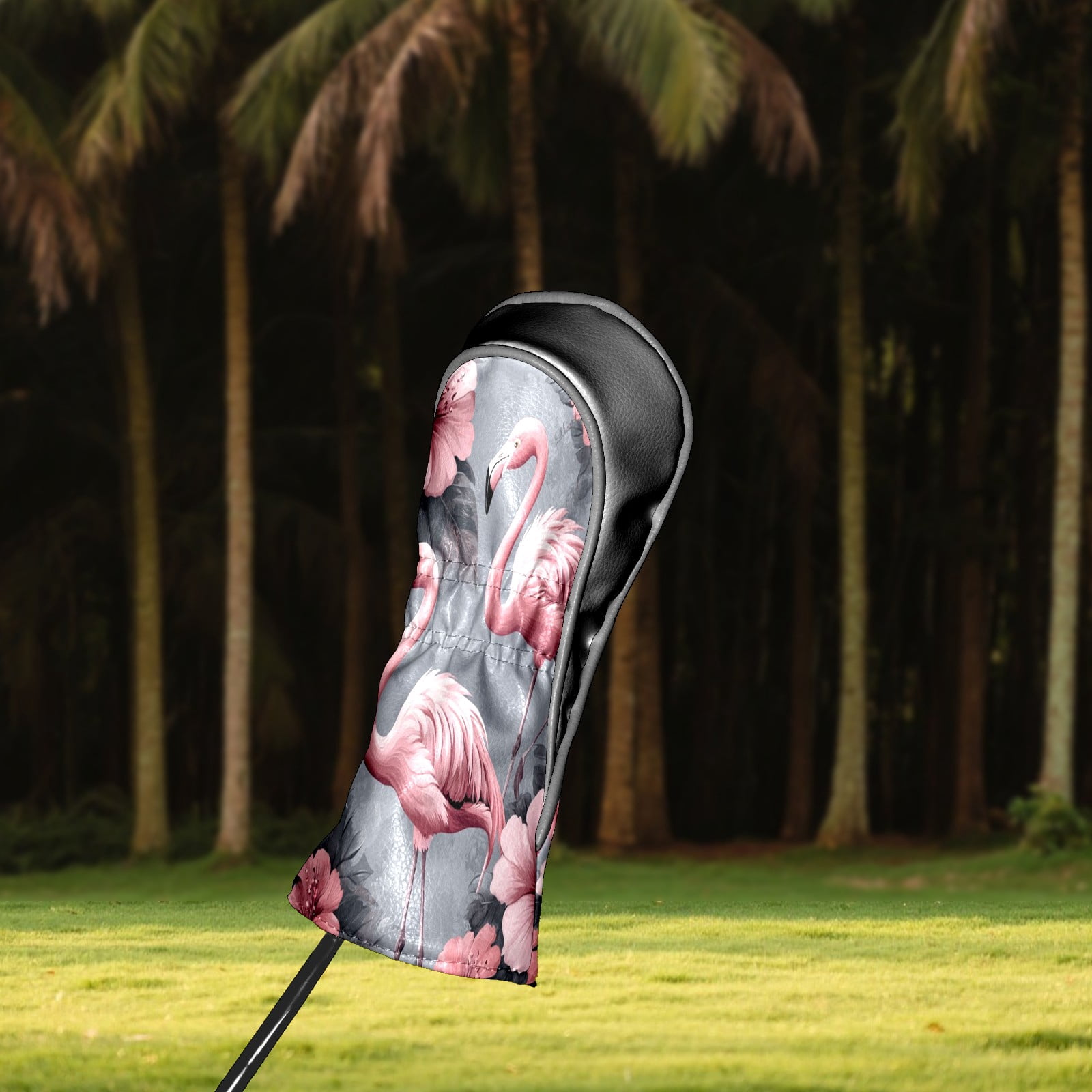 Golf Head Covers Flamingo & Flowers Design for Driver, Wood & Hybrid, Premium Waterproof PU Leather with Plush Lining, Tropical Golf Gifts