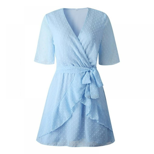 Women Faux-Wrapped Polka-Dot V-Neck Short-Sleeved High-Waist A-Line Ruffled Hem Plain Belt Short Dress