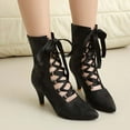 thumbnail image 2 of Kitten Heels Combat Boots for Women Ladies Vintage Ribbon Lace up Mid Calf Dress Ankle Booties Cocktail Party, 2 of 5