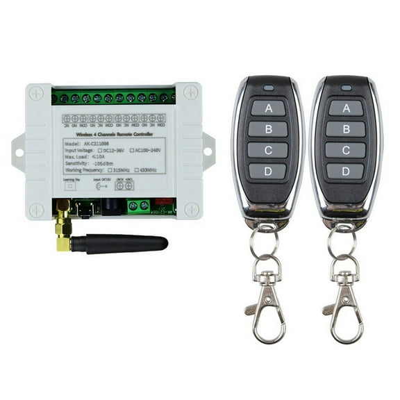 DC 12V 24V 36V 10A 433MHz 4 Channel Wireless Relay Remote Control Switch Receiver 4CH Transmitter,1 Receiver 2 Remote