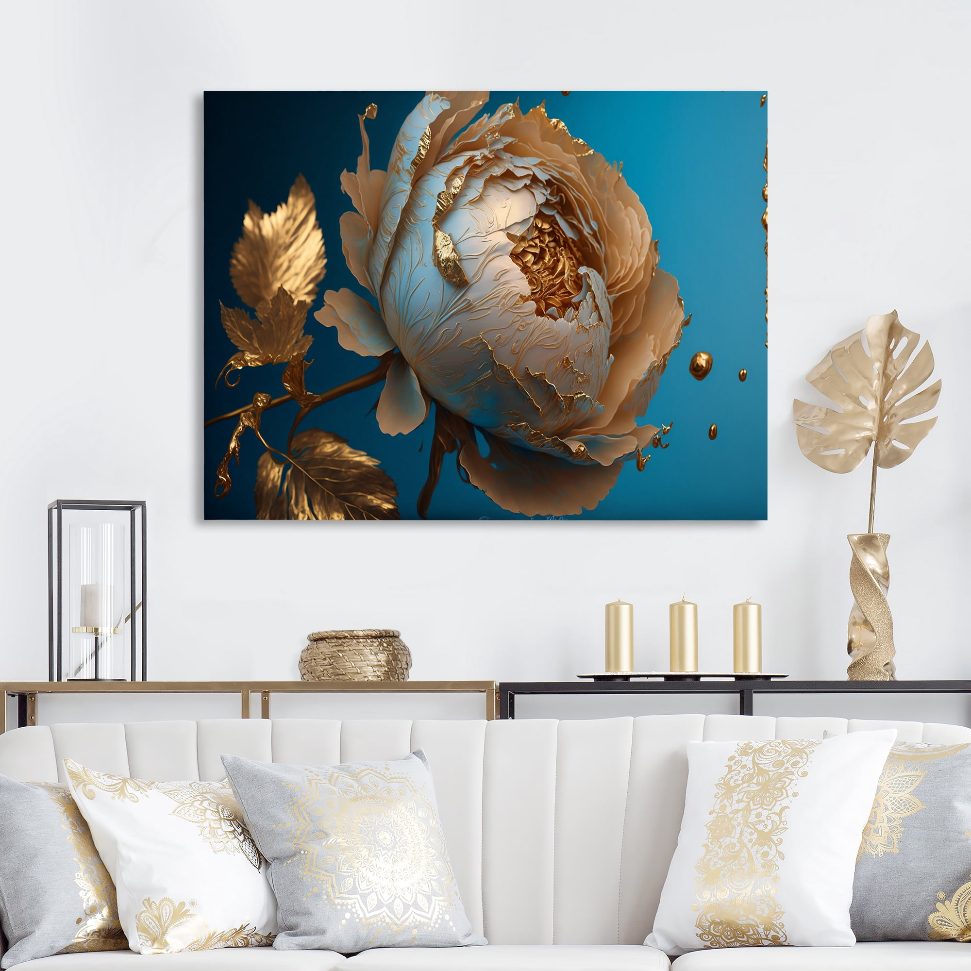 Designart Ice Blue And Gold Peony I Canvas Wall Art