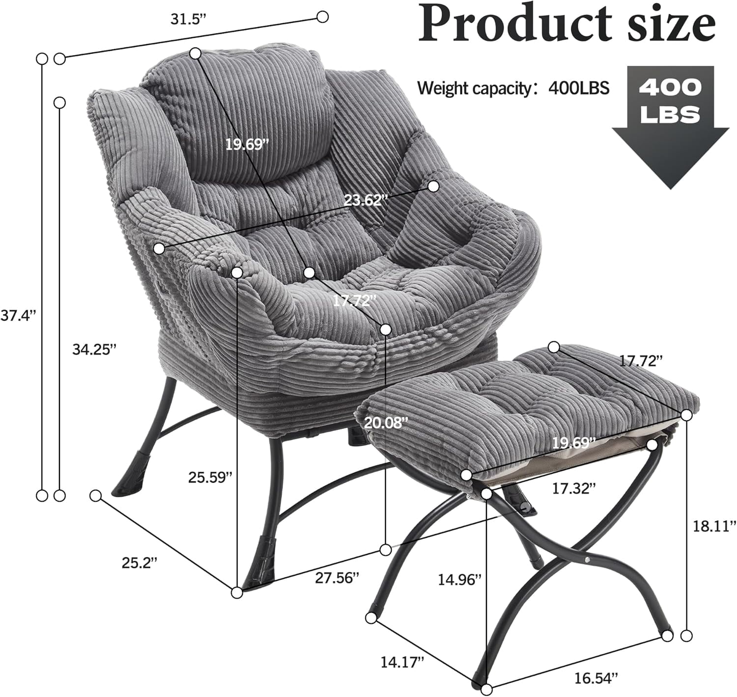 MOONMISS Corduroy Upholstered Oversized Lazy Chair with Folding Ottoman and a Side Pocket-Gray