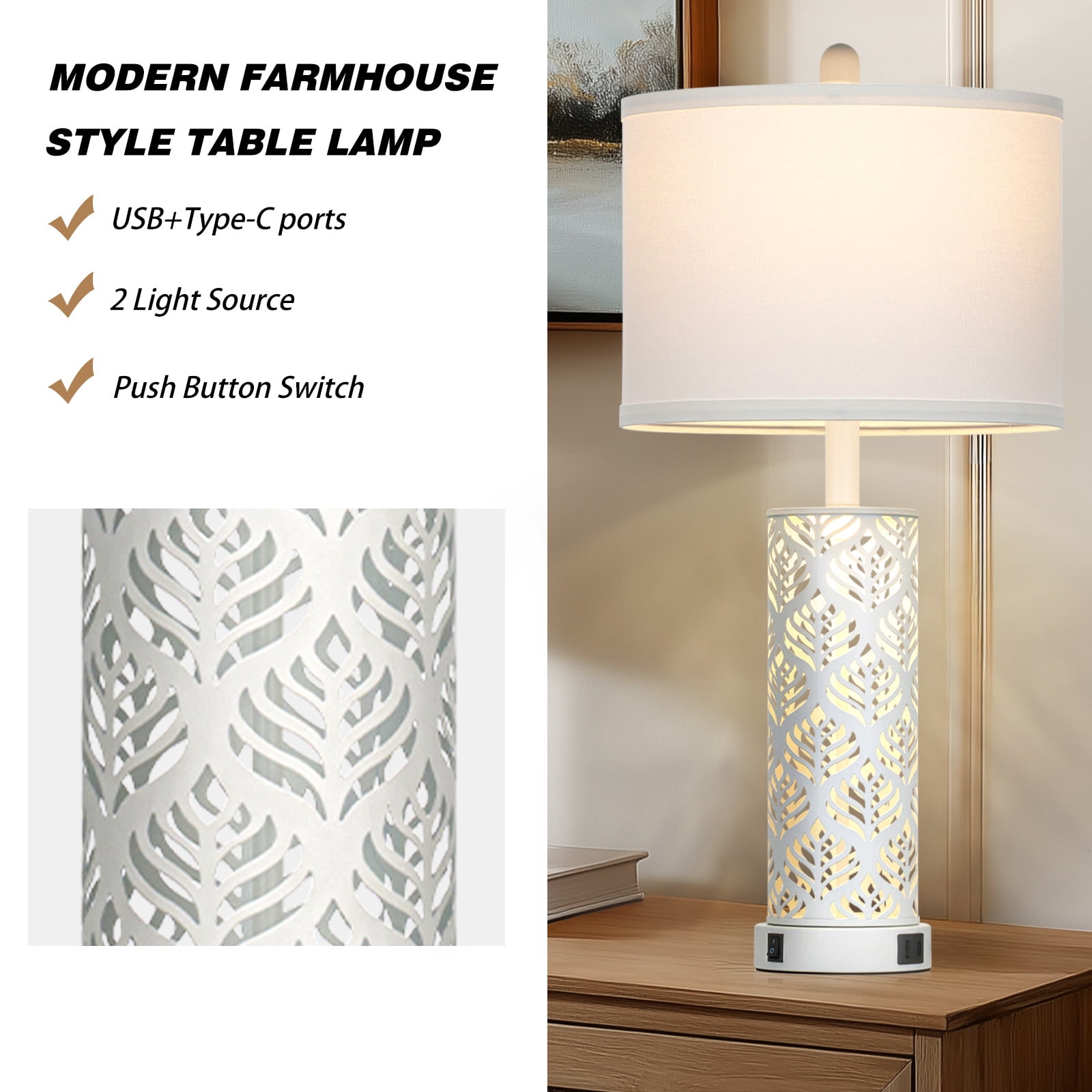 Lolikit 27"Table Lamp Set of 2 Modern Farmhouse Nightstand Bedside Lamp for Living Room Bedroom with USB A+C Ports