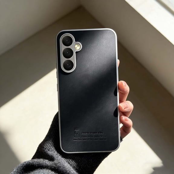 For Samsung Galaxy S25 FE Phone Case,Anti-Scratch Retro PU Leather Back,Compatible With Mag-Safe,Silver Frame Design,Ultra Slim Shockproof Non-Slip Anti-fall Protection,Thin Phone Case,Black