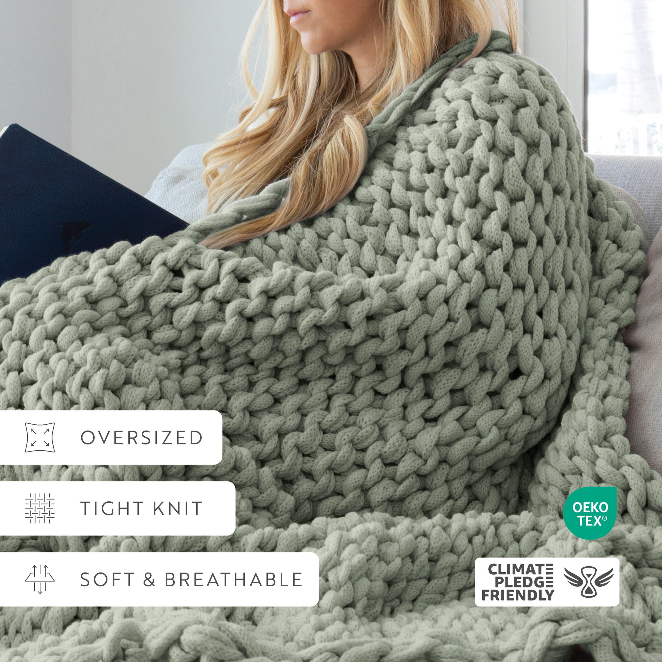 Eucalyptus Chunky Knit Throw Blanket, One Size, by Noble Linens
