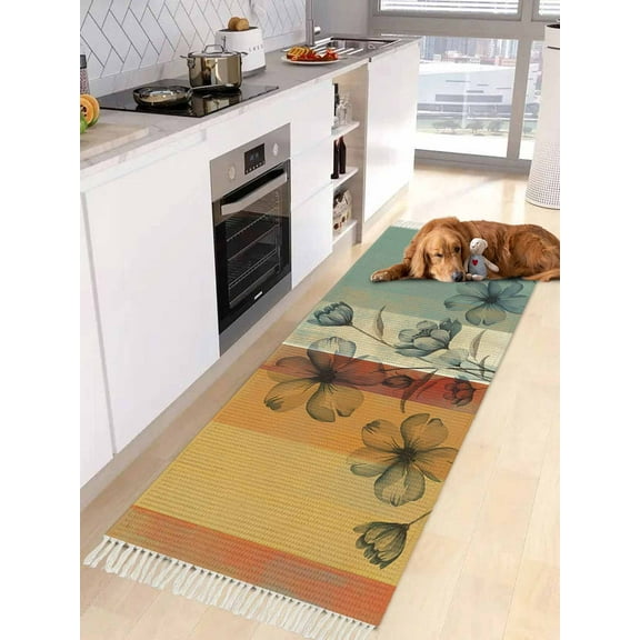 Floral Orange Entryway Runner Rug 2x4ft,Multicolor Striped Decadent Botanical Flower Washable Woven Living Room Hallway Bedroom Kitchen Carpet with Tassels,Indoor Outdoor Throw Door Mat for Entryway