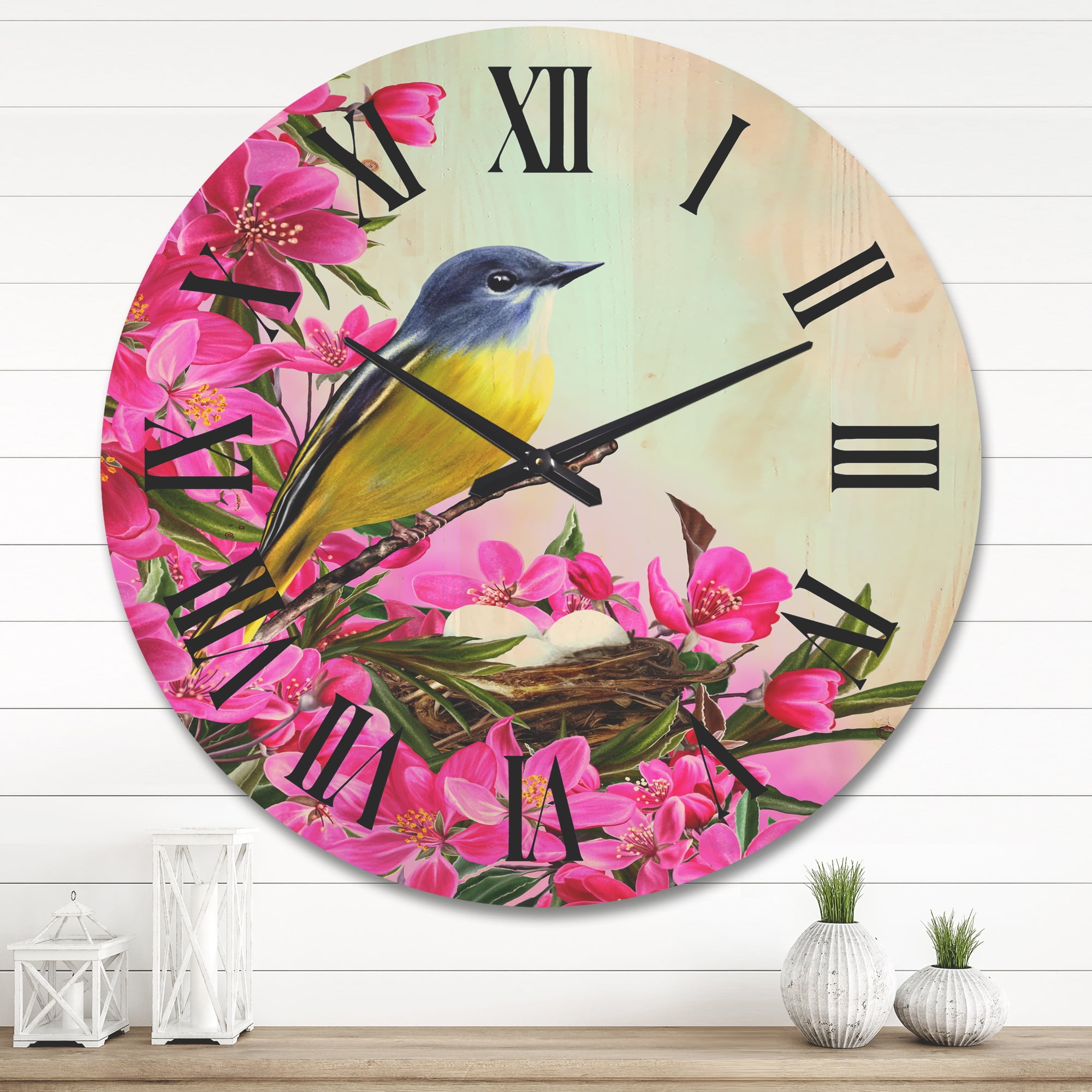 Designart 'Little Yellow Bird Near The Nest with Pink Flowers' Traditional Wood Wall Clock