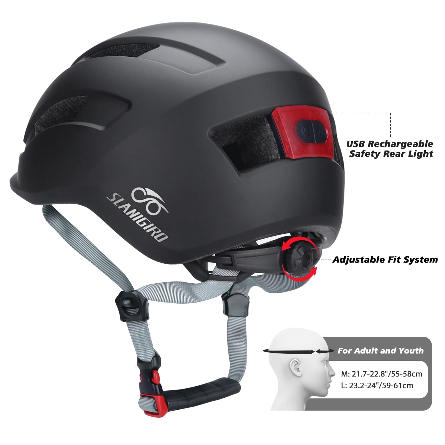 SLANIGIRO Adult Bike Helmet with Light - Commuter Bicycle Road Cycling Helmet with Replacement Pads for Men Women Black
