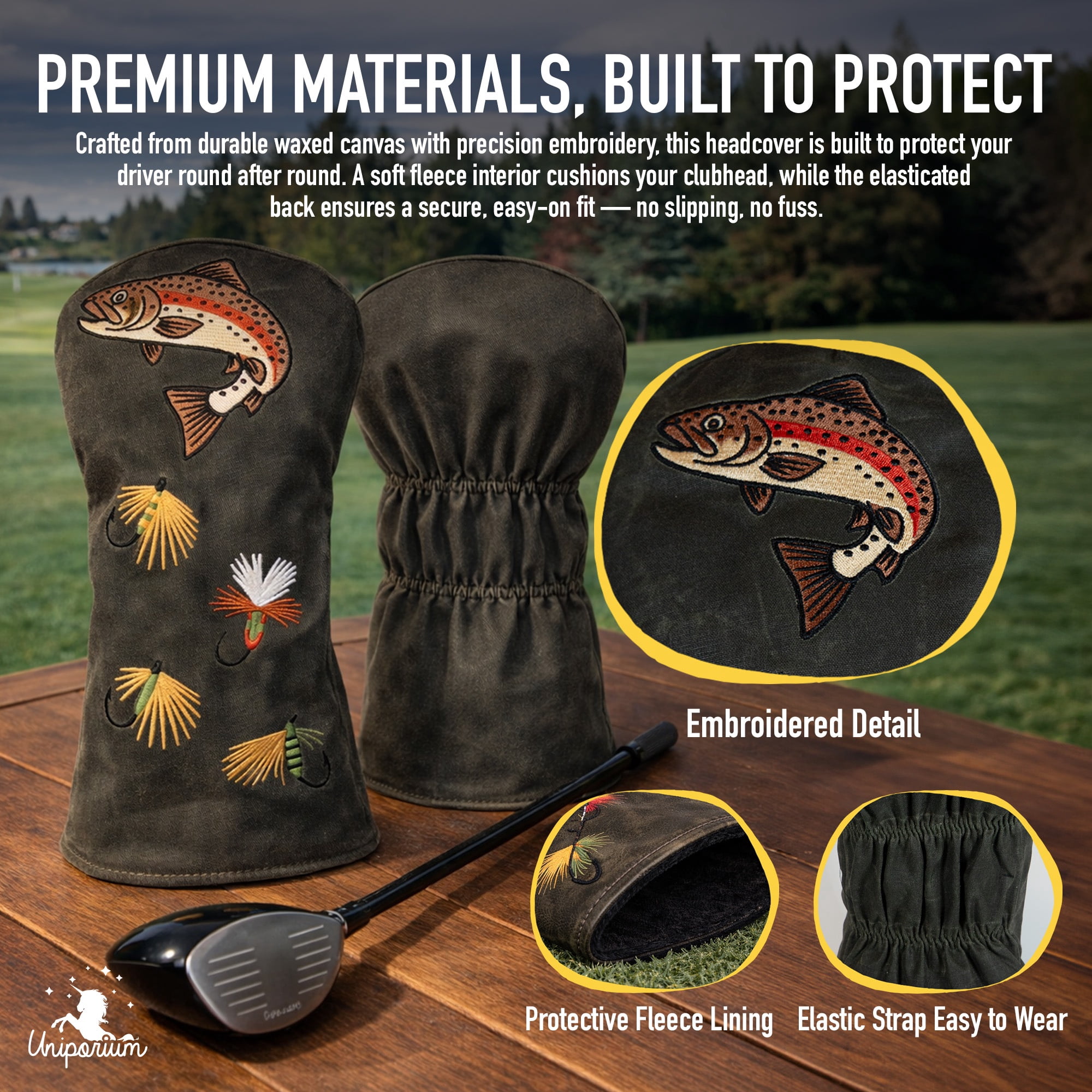 Uniporium Fishing Novelty Head Cover – Premium Waxed Canvas Golf Driver Headcover with Embroidered Fish Details, Designed for Modern 460cc Drivers, and a Fun Golf Accessory and Gift