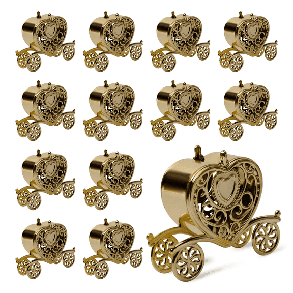 12 Pack Gold Carriage Candy Boxes, Princess Carriage Favor Boxes with Lids, Plastic Heart Gift Containers for Wedding Favors, Baby Shower Gifts, Birthday Party Decorations, Small Gift Packaging