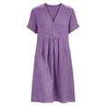 thumbnail image 5 of AKOEE Women's Summer Dress Cotton Linen Pleated V Neck Boho Beach Knee Length Short Dress with Pockets (2XL, Purple), 5 of 8