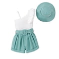 thumbnail image 2 of WOLLED Kids Girls Summer Shorts Set Outfit with Hat 3PCS Toddler Ruffle One Shoulder Shirt Tops and Shorts Set 4-7T, 2 of 10