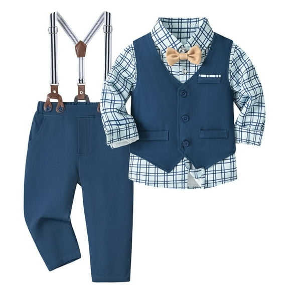 Mikilon Boys Performance Sets Size 2-7 Years with Plaid Turn Down Collar Long Sleeve Shirts ,Suit Vest,Suspender Pants